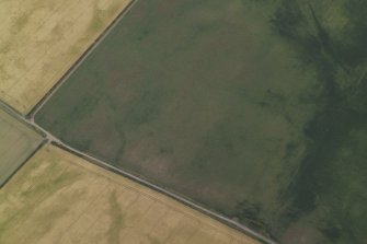 Oblique aerial view centred on the cropmarks of the enclosure, taken from the WSW.