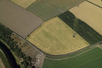 Oblique aerial view centred on the cropmarks of the pit-alignment and the possible enclosure with the remains of the church and burial ground adjacent, taken from the ESE.