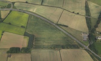 Oblique aerial view centred on the cropmarks of the Roman temporary camps and possible fort annexe, taken from the SSE.