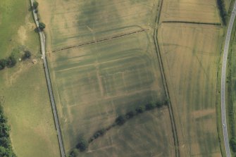 Oblique aerial view centred on the cropmarks of the Roman fort and the fort annexes, taken from the WNW.