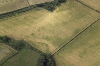Oblique aerial view centred on the cropmarks of the ring-ditch, taken from the ESE.