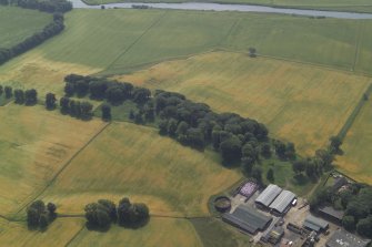 Oblique aerial view centred on the cropmarks of the Roman fort, Roman temporary camps and fort annexes, taken from the NW.