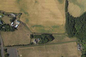 Oblique aerial view centred on the cropmarks of the enclosure, taken from the ENE.