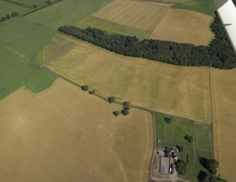 Oblique aerial view centred on the cropmarks of the palisaded settlement with the fortified house adjacent, taken from the SW.