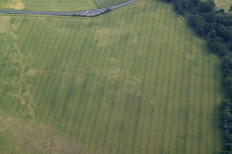 Oblique aerial view centred on the cropmarks of the enclosure, taken from the NNW.