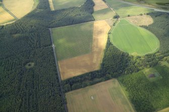 Oblique aerial view centred on the cropmarks of the settlement and ring-ditches, taken from the SSE.