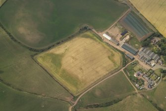 Oblique aerial view centred on the cropmarks of the possible ring-ditch and pits, taken from the SE.