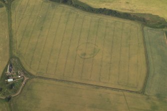 Oblique aerial view centred on the cropmarks of the henge with the farmhouse and farmstead adjacent, taken from the SW.