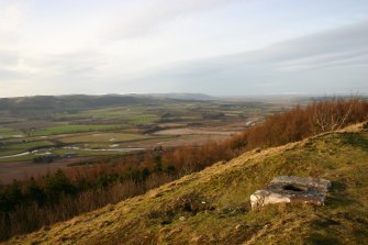 View of socket stone, taken from ENE looking WSW over Strathearn. 1m photographic scale in 200mm divisions.