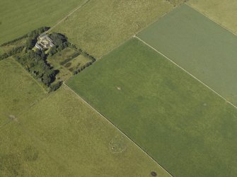 Oblique aerial view centred on the remains of the cairn and stone circle with the remains of the recumbent stone circle adjacent, taken from the SE.