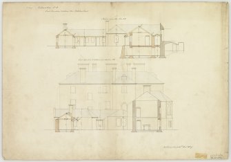 Drawing of Gilmerton House showing section through kitchen court and East elevation of house.