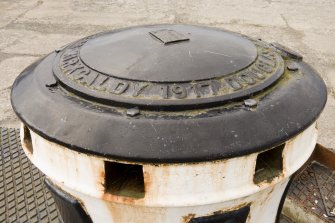 Detail.  Showing top of Capstan with makers name ' Douglas & Grant Lts, Kirkcaldy 1917'.