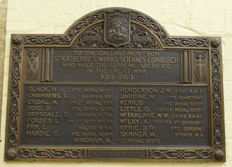 Detail of World War I memorial plaque in main ground floor workshop of the printing works at 9 Warriston Road, Edinburgh.