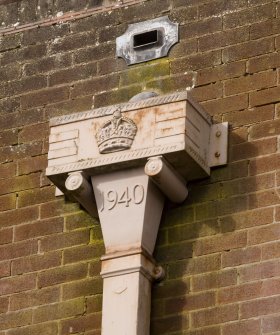 Detail.  Water drainage hopper above W entrance door to S elevation of main Sandhurst Barrack Block.