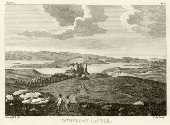 Engraving showing distant view of Dunvegan Castle, from 'Pennant Tour in Scotland 1772', Vol I (plate 37, p294)