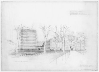 Edinburgh, Summerhall, Royal Dick Veterinary College.
Perspective view from the meadows.
Titled:  'Edinburgh University Royal Dick School of Veterinary Studies:   Summerhall Development   1967.'
Insc:  'Messrs Reiach & Hall,  16 Moray Place Edinburgh   3.    6:4:67'