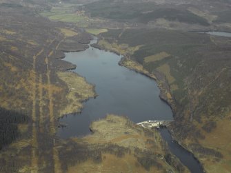 General oblique aerial view of Loch Achonachie centred on the dam and electricity generating station, taken from the SE.