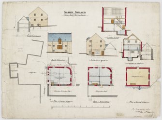 Drawing showing plans, elevations and sections with pencil annotation, Dalmore distilery, Alness
Titled: 'Dalmore Distillery. Plans of Draff Drying House. East elevation; North Elevation; Section on A-B; Section on C-D; Elevation to yard; Plan of Ground Floor; Plan of First Floor; Plan of Second Floor'.
Signed and Dated: 'A Maitland and Sons Archts, Tain, 13th June 1898'.