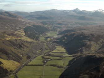 General oblique aerial view of Strath More centred on the farmsteading and township, taken from the NW.