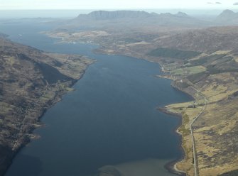 General oblique aerial view of Loch Broom looking towards Ben More Coigach centred on the crofting townships and the hotel, taken from the SE.