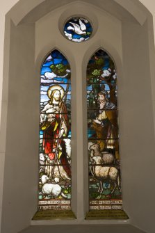 Interior. Nave north side stained glass window of Good Sheperd by Mayer c.1882