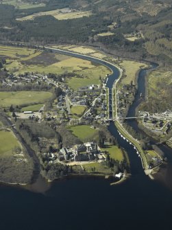 Fort Augustus and Loch Ness. 
General oblique aerial view of the village centred on the road bridges, swing bridge, locks, abbey and schools, taken from the E.