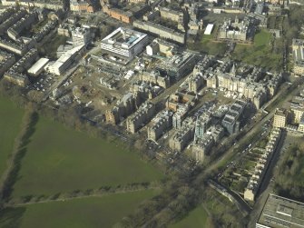 Oblique aerial view centred on the old Royal Infirmary Hospital and George Heriot's School, taken from the SSE.