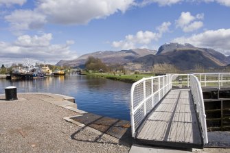Detail. From NW showing inner lock gate of outer lock system, the Corpach Basin with Ben Nevis in the background.