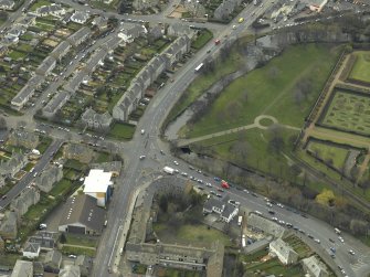 Oblique aerial view centred on the road bridge with the weir adjacent, taken from the NE.