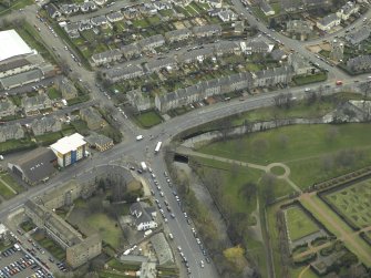 Oblique aerial view centred on the road bridge with the weir adjacent, taken from the N.