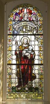 Interior. S Wall Detail of stained glass window of The Good Shepherd 1929