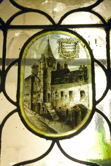 Interior. Ground floor. Bar. Painted glass panel 'The Canongate Tolbooth, Edinburgh, 1793'.