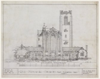 Digital copy of drawing of Edinburgh, West Saville Terrace, Reid Memorial Church.
East elevation through court.
Title: 'Reid Memorial Church'.
Insc: 'Leslie G. Thomson A.R.I.B.A. 10 St. Colme Street, Edinburgh.'