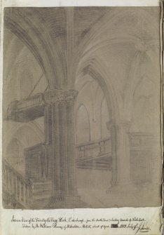 Digital copy of page 7: Interior view of Trinity College Church.
Insc. "Interior view of the Trinity College Kirk, Edinburgh, from the South door & looking towards ye North East. Taken by Mr William Penny of Midcalder, artist, about ye year 1812 July 9th J Sime."
'MEMORABILIA, JOn. SIME  EDINr.  1840'