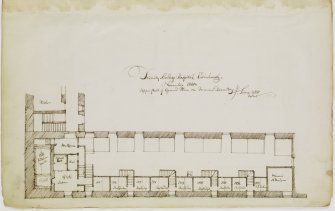 Digital copy of page 9: Ink sketch of Ground Plan of Women's Dormitory at Trinity College Hospital
Insc. "Trinity College Hospital, Edinburgh. November 1840. Upper part of Ground Plan or Women's Dormitory. J.Sime"
'MEMORABILIA, JOn. SIME  EDINr.  1840'