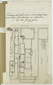 Digital copy of page 12: Ink sketch showing plan of closes in Lawnmarket.
Insc. "General outline of the three following closes on South side of ye Lawnmarket, viz: Brodie's Close; Buchanan's Court; Old Bank Close; & upper side of Gosford's Close. As at 1st June 1839 -John Sime."
'MEMORABILIA, JOn. SIME  EDINr.  1840'