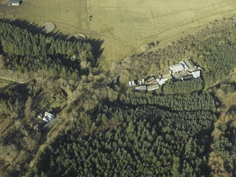Oblique aerial view centred on Stobs Station and the Barns Viaduct, taken from the W.