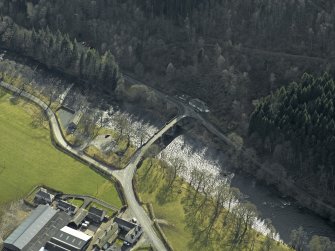 Oblique aerial view centred on the Yair Bridge and Fernielee Sawmill, taken from the NW.
