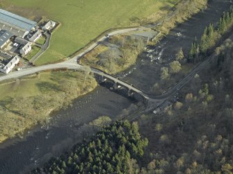 Oblique aerial view centred on the Yair Bridge and Fernielee Sawmil, taken from the SW.