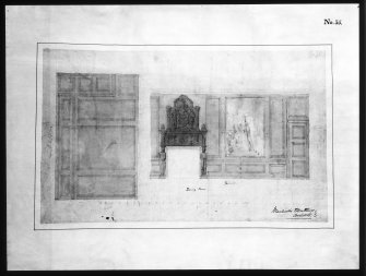 Ballindalloch Castle.
Scanned copy of drawing.
Design for finishings of dining room as executed (coat of arms) (mural). 'No. 35'.
Signed: 'Mackenzie and Matthews'.