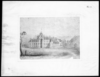 Ballindalloch Castle.
Mechanical copy of drawing.
Sketch of castle South side as it stood in 1847, prior to alterations. 'No. 5'
Signed: 'Mackenzie & Matthews'.