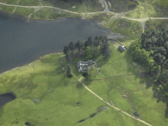 Oblique aerial view centred on the lodge, taken from the NNE.