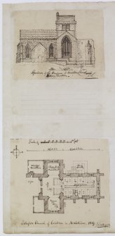 Digital copy of page 21 verso: Ink sketches of plan and south elevation of Crichton Church 
'MEMORABILIA, JOn. SIME  EDINr.  1840'