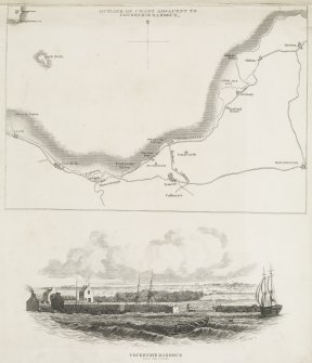 Digital copy of page 27: Location map of Cockenzie, and engraving showing Cockenzie Harbour from the North
Insc. "Outline of coast adjacent to Cockenzie Harbour.  Cockenzie Harbour from the North.  J.Gellatly, Sc."
'MEMORABILIA, JOn. SIME  EDINr.  1840'