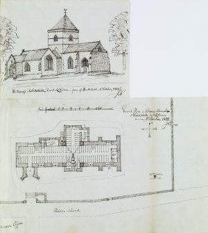 Digital copy of page 30/2. Ink sketch plan of Ground Floor of St Mary's Church, Whitekirk and the church from the SE.
Insc. "Ground Plan of St Mary's Church, Whitekirk, East Lothian. Monday 8th October 1855. J.Sime"
'MEMORABILIA, JOHN SIME  EDINr.  1840'