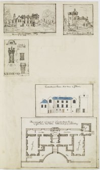 Digital copy of page 36: Ink sketches of Cowdenknows House from the South East, from the North and showing details, front elevation and plan.
'MEMORABILIA, JOn. SIME  EDINr.  1840'
