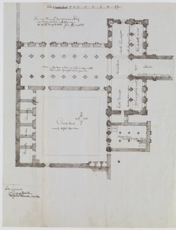 Digital copy of page 42 verso: Ink sketch plan of Dundrennan Abbey
Insc. "Ground Plan of Dundrennan Abbey near Kirkcudbright in Galloway. Wed.y 29th August 1855. John Sime"
'MEMORABILIA, JOn. SIME  EDINr.  1840'