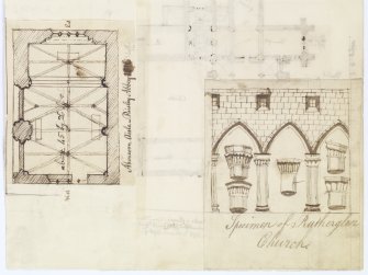 Digital copy of page 46 A verso: Ink sketches of plan of Abercorn Aisle, Paisley Abbey and specimen of Rutherglen Church.
'MEMORABILIA, JOn. SIME  EDINr.  1840'