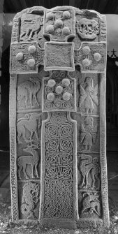 View of face with cross and pictish carvings (B&W)