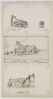 Digital copy of page 48 verso: Ink sketches showing Uphall Church from SW, from SE, from N and a norman door.
'MEMORABILIA, JOn. SIME  EDINr.  1840'.